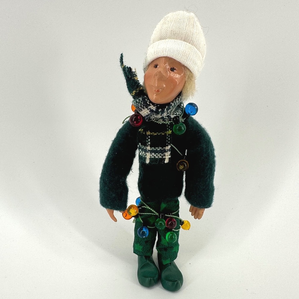 Byers Choice Kindles Christmas Elf Figurine Ornament Plaid Scarf Faux Lights 7in